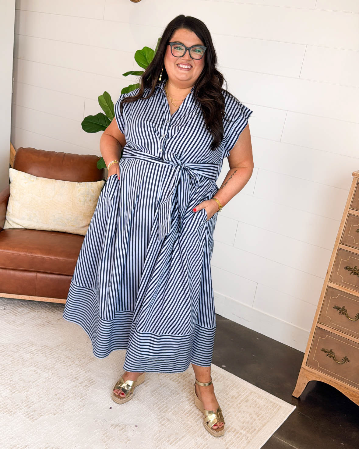 Off The Coast Striped Gathered Waist Midi Dress