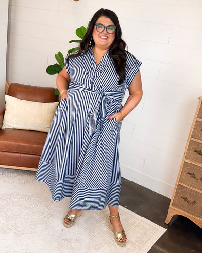 Off The Coast Striped Gathered Waist Midi Dress