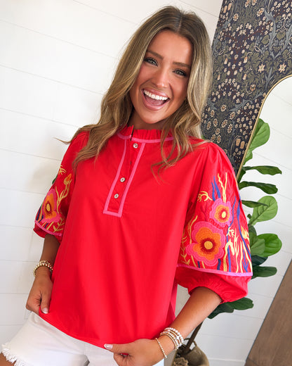 Prairie Bloom Floral Embroidered Ruffle Neck Blouse