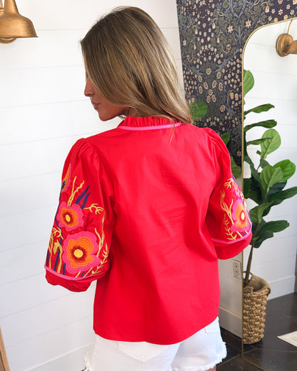Prairie Bloom Floral Embroidered Ruffle Neck Blouse