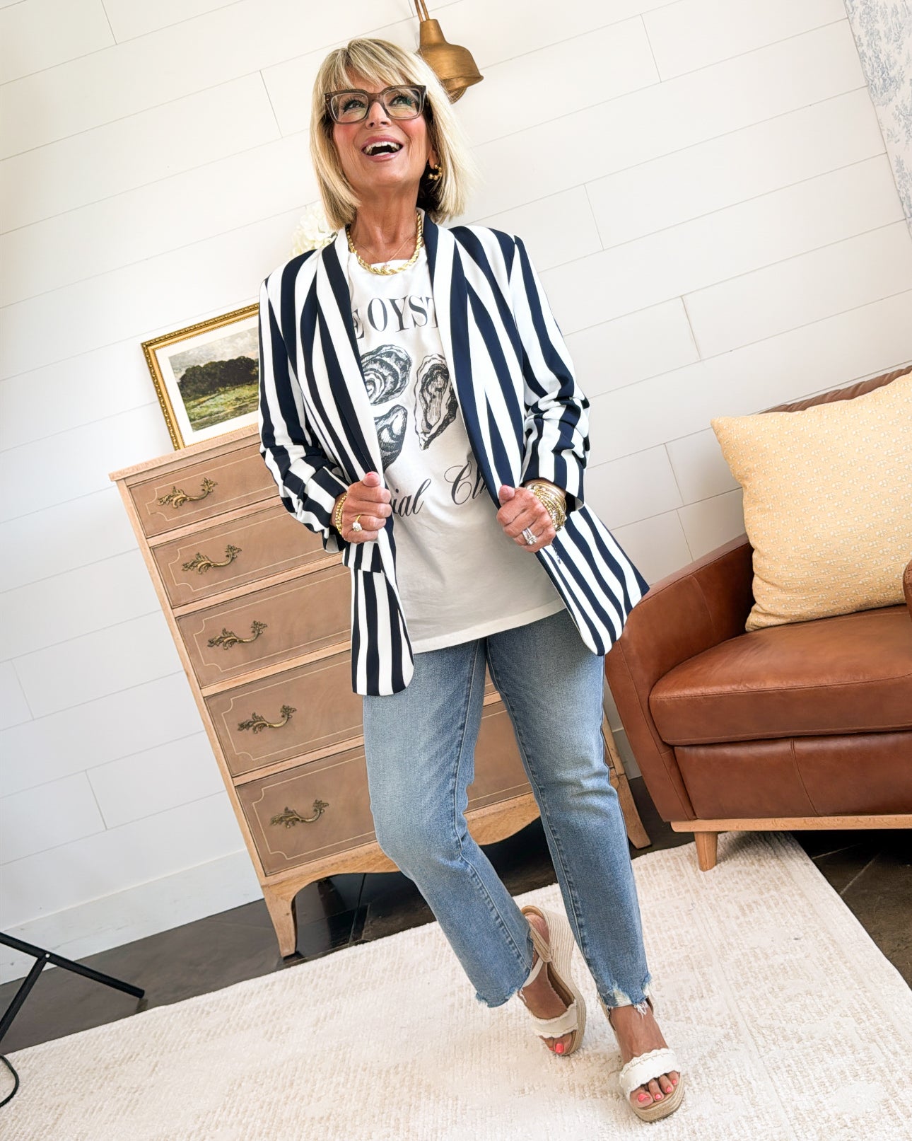 Sunny Side Up Striped Ruched Sleeve Blazer