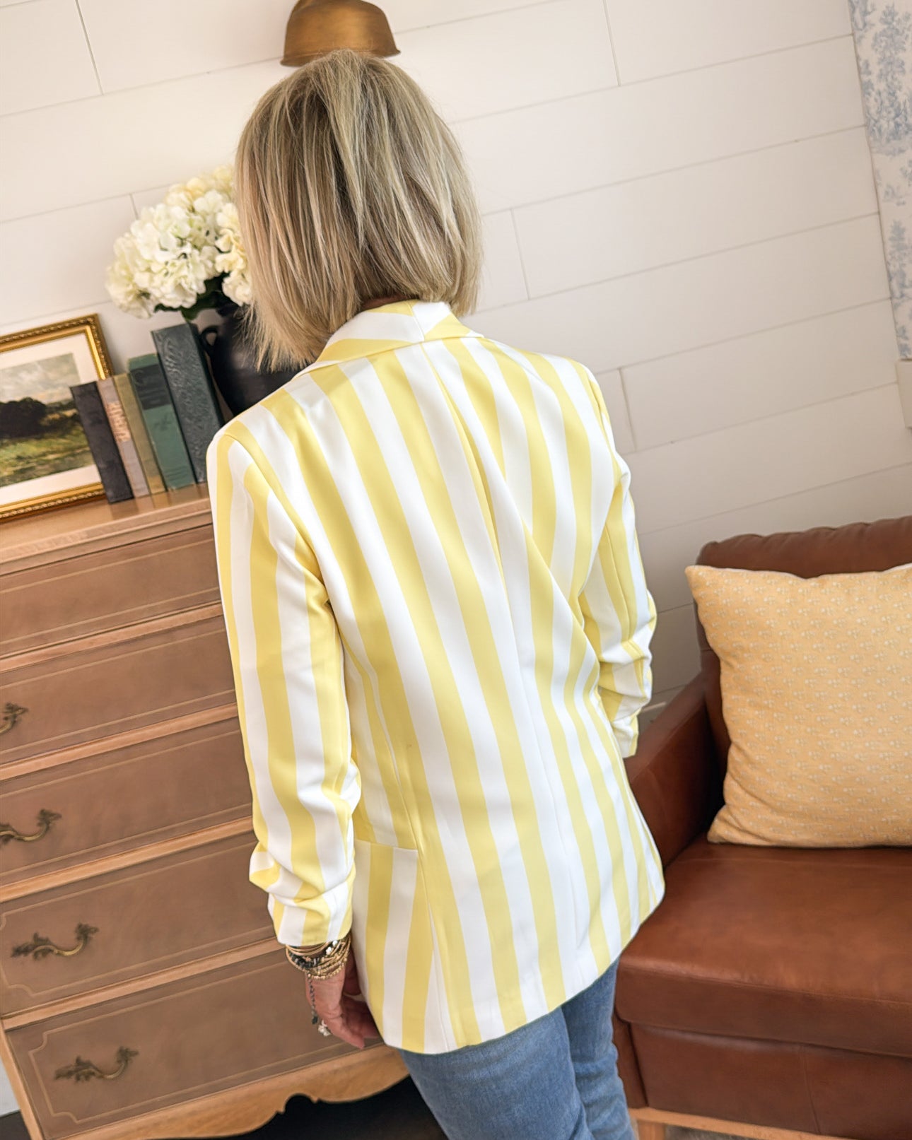 Sunny Side Up Striped Ruched Sleeve Blazer