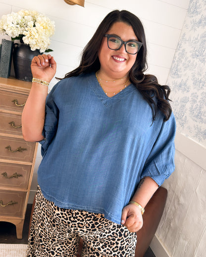 The Right Touch Chambray Batwing Sleeve Blouse