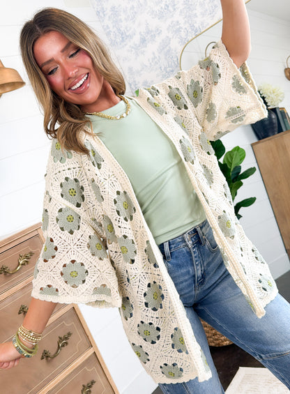 Storyteller Floral Crocheted Open Knit Cardigan