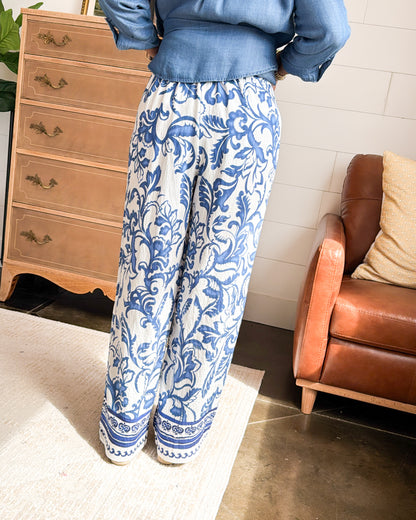 Paradise Cove Floral Border Tie Waist Pants