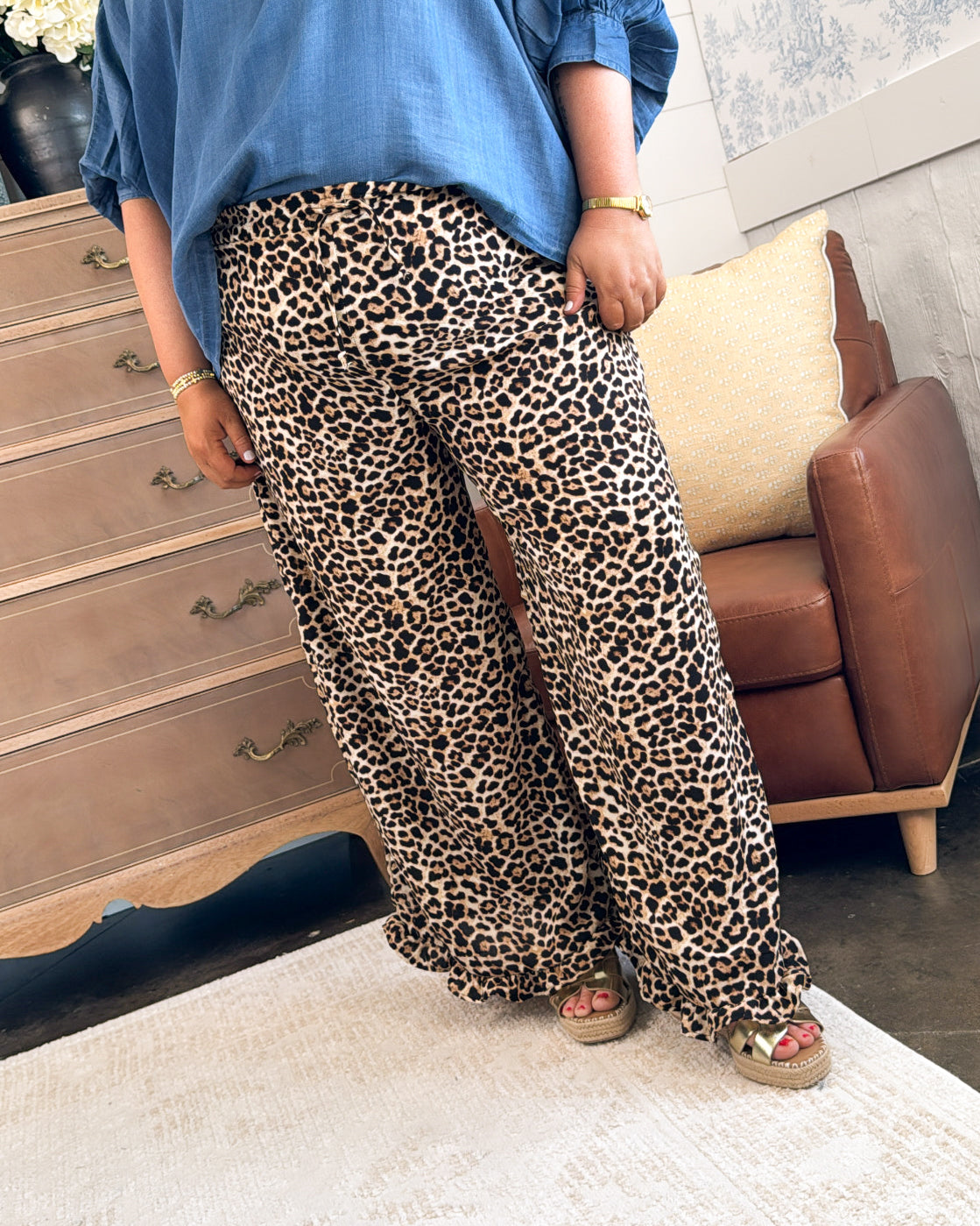 Wild At Heart Leopard Ruffle Hem Wide Leg Pants