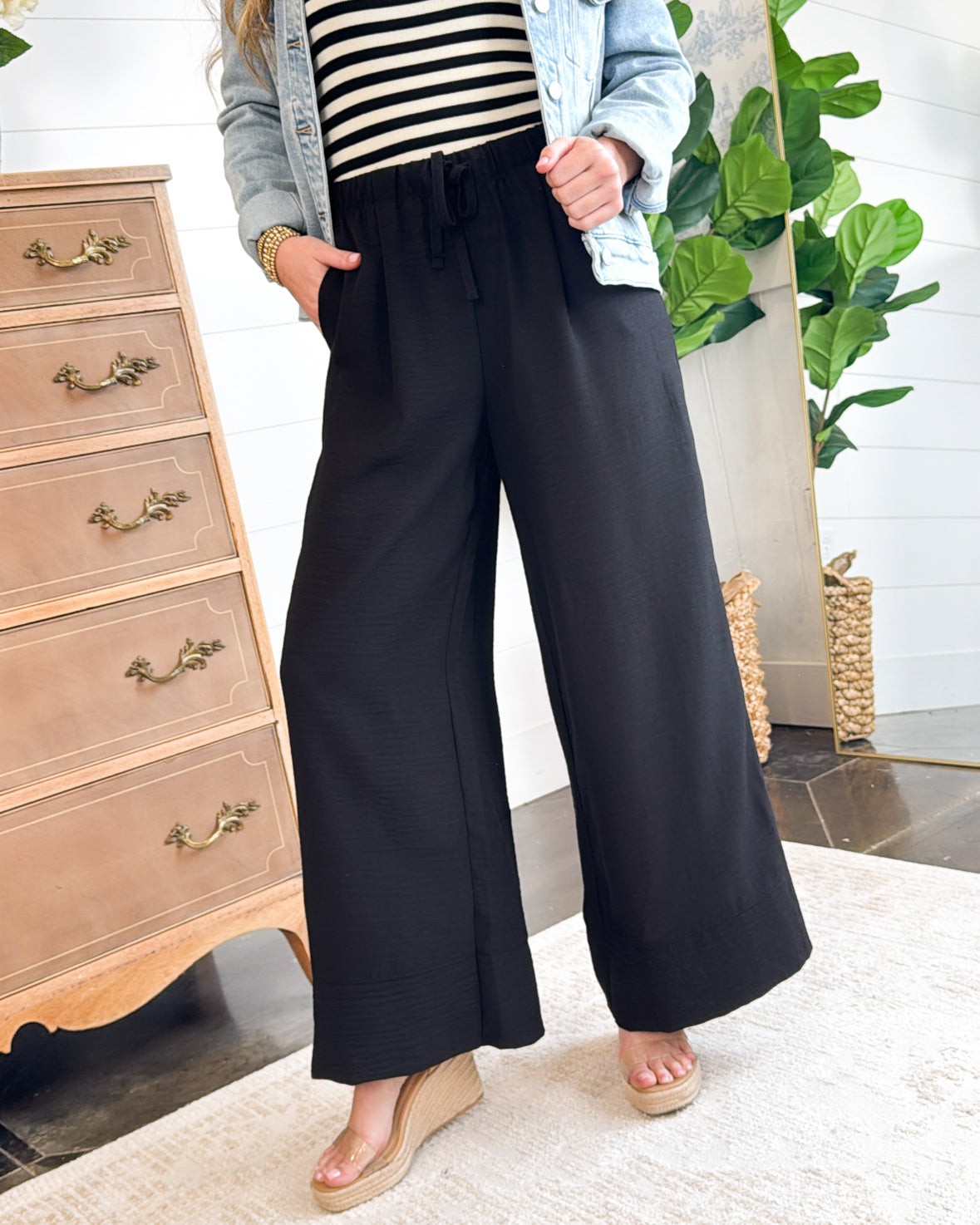 Travel Plans Crinkled Drawstring Wide Leg Pants
