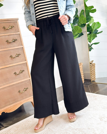 Travel Plans Crinkled Drawstring Wide Leg Pants