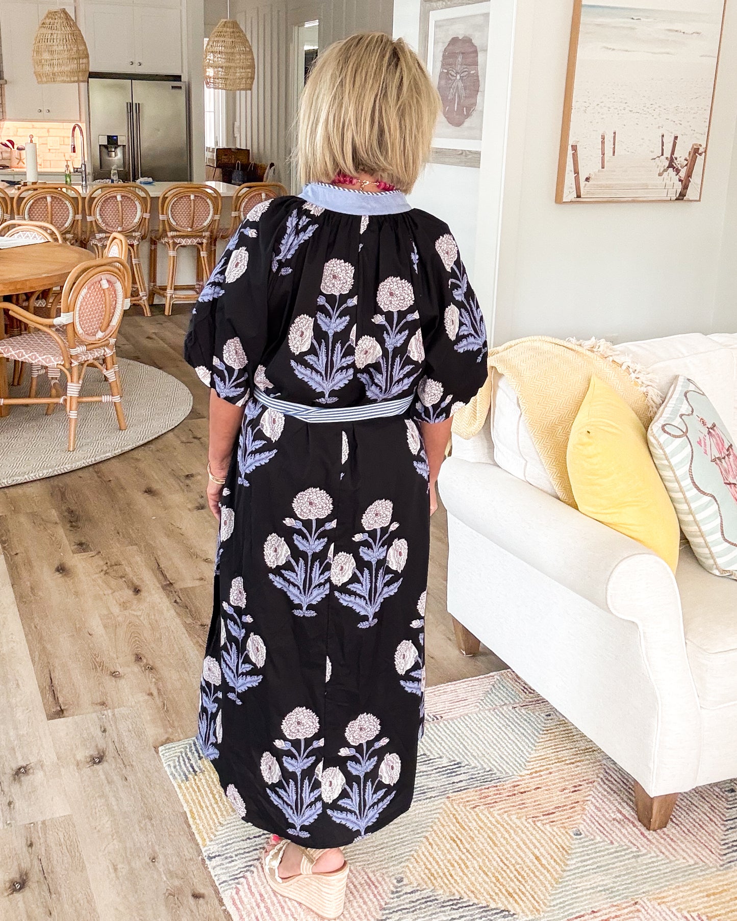 Breezy Blooms Mixed Print Tie Waist Midi Dress