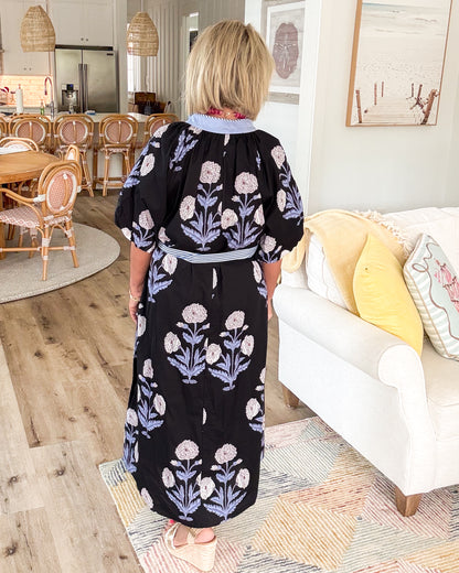 Breezy Blooms Mixed Print Tie Waist Midi Dress
