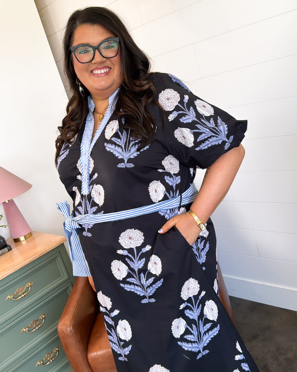 Breezy Blooms Mixed Print Tie Waist Midi Dress
