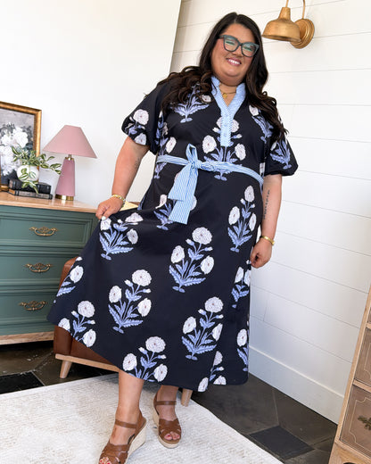 Breezy Blooms Mixed Print Tie Waist Midi Dress