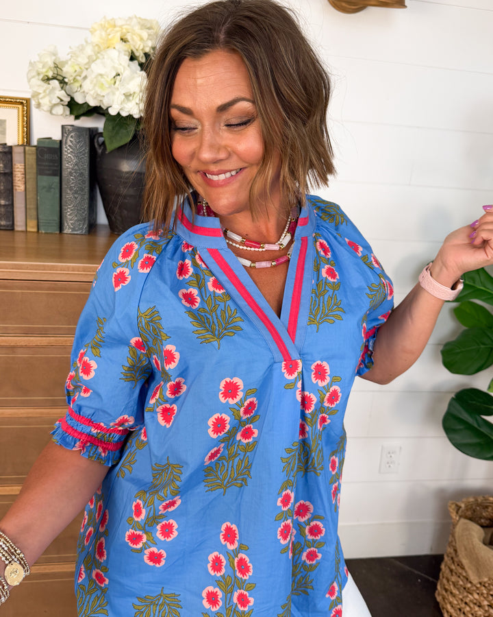 Poppy Love Floral Contrast Trim Top