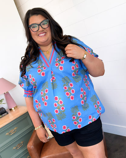 Poppy Love Floral Contrast Trim Top