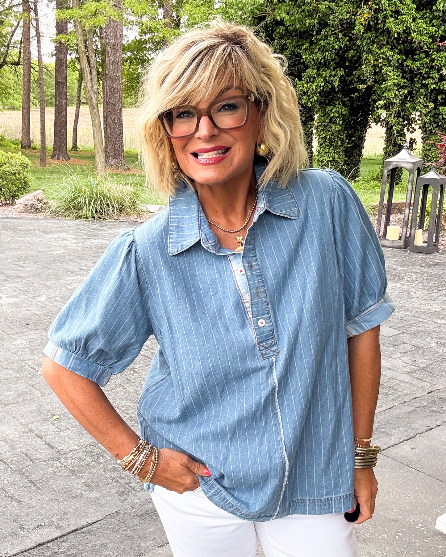 Along The Shore Striped Contrast Trim Denim Shirt