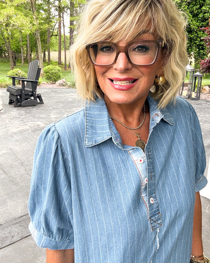 Along The Shore Striped Contrast Trim Denim Shirt