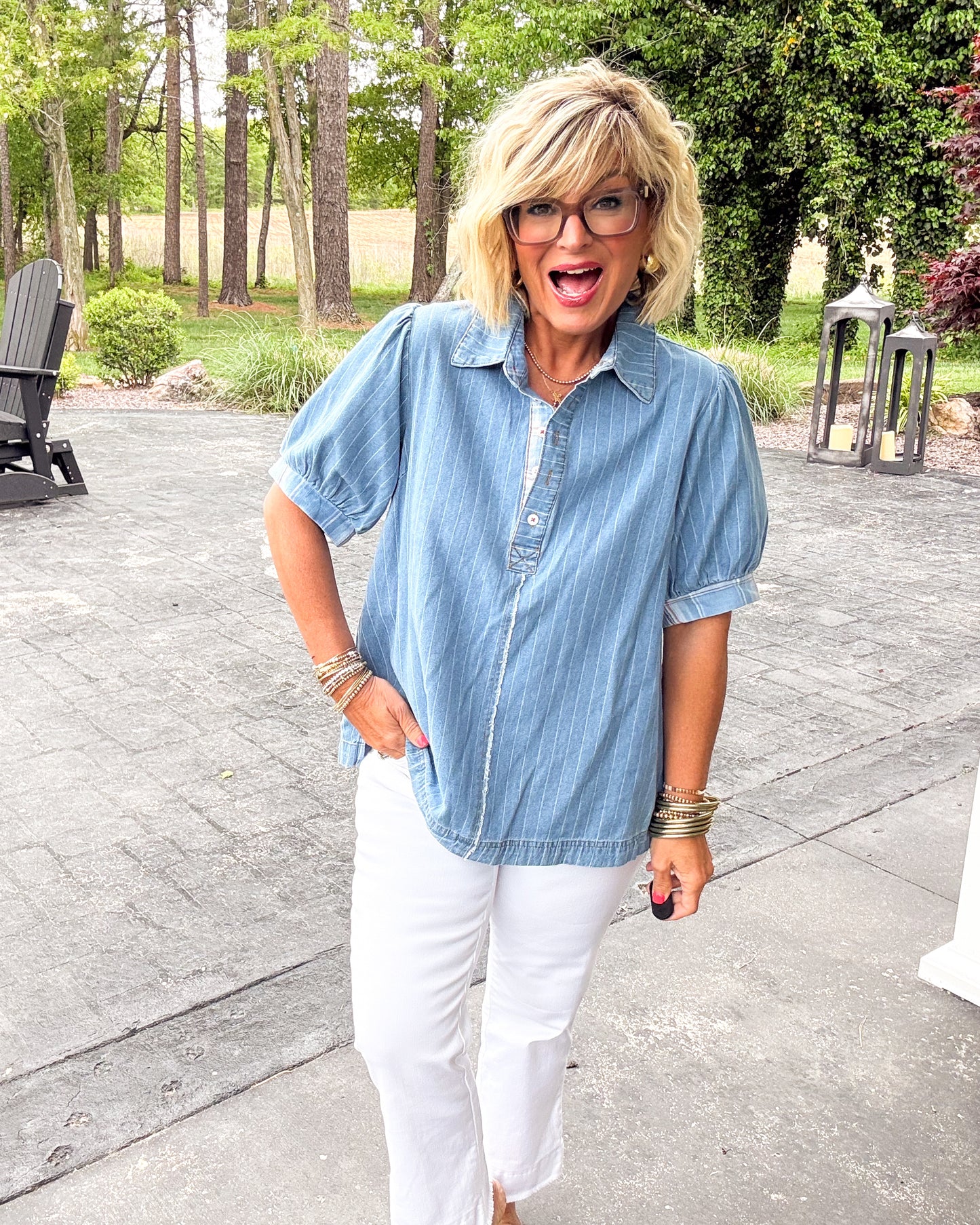 Along The Shore Striped Contrast Trim Denim Shirt