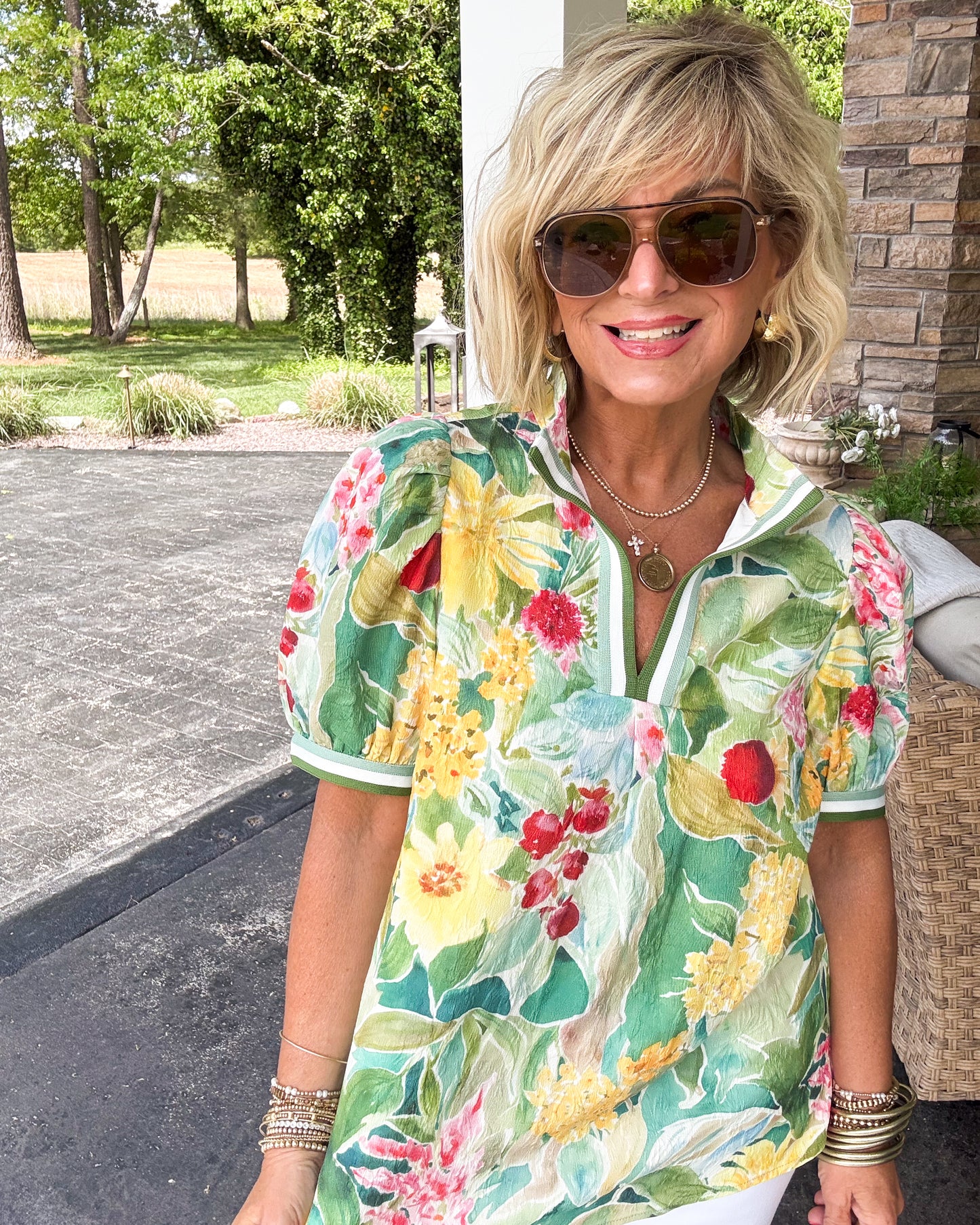Painted Garden Floral Contrast Trim Top