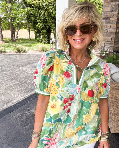 Painted Garden Floral Contrast Trim Top