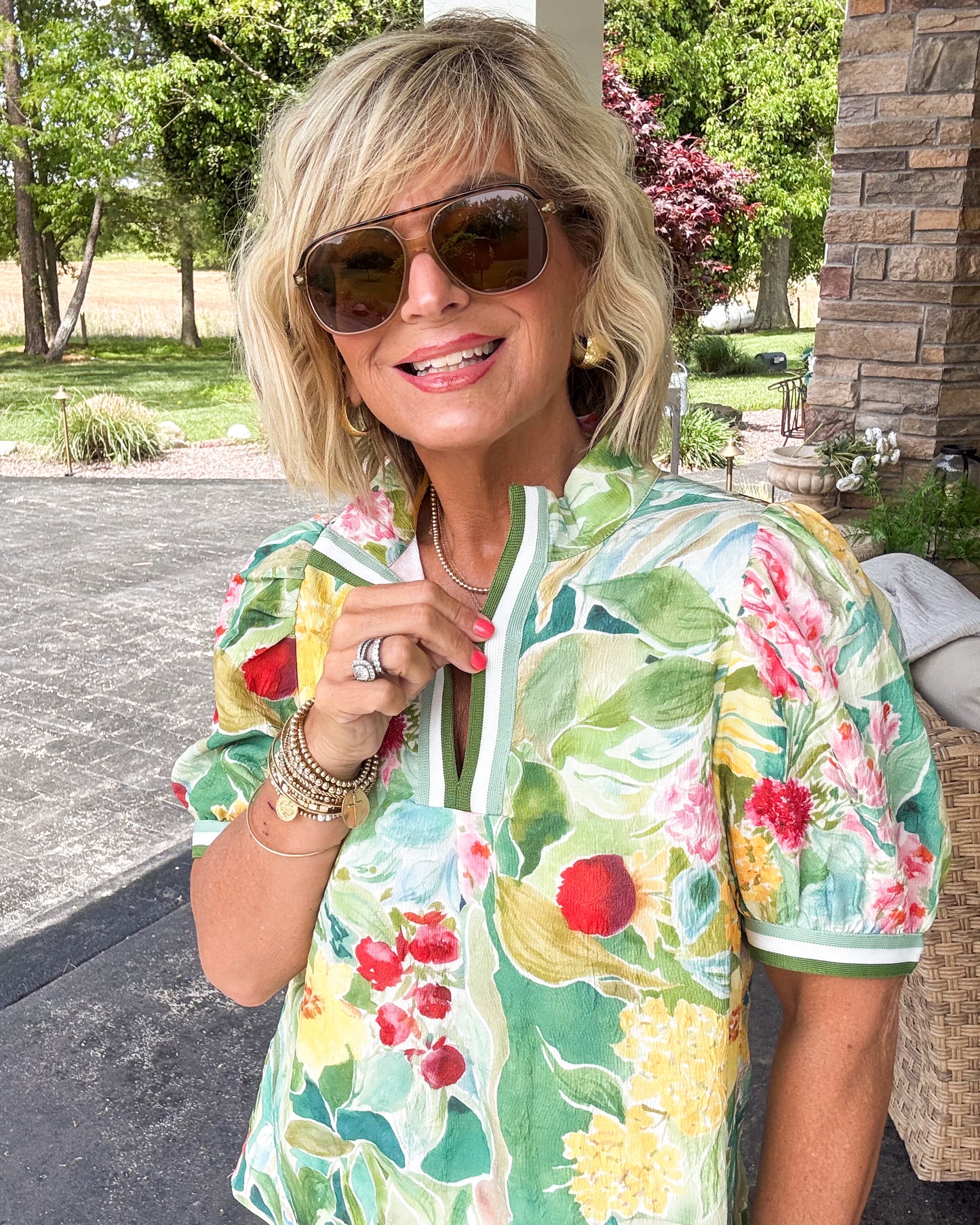 Painted Garden Floral Contrast Trim Top