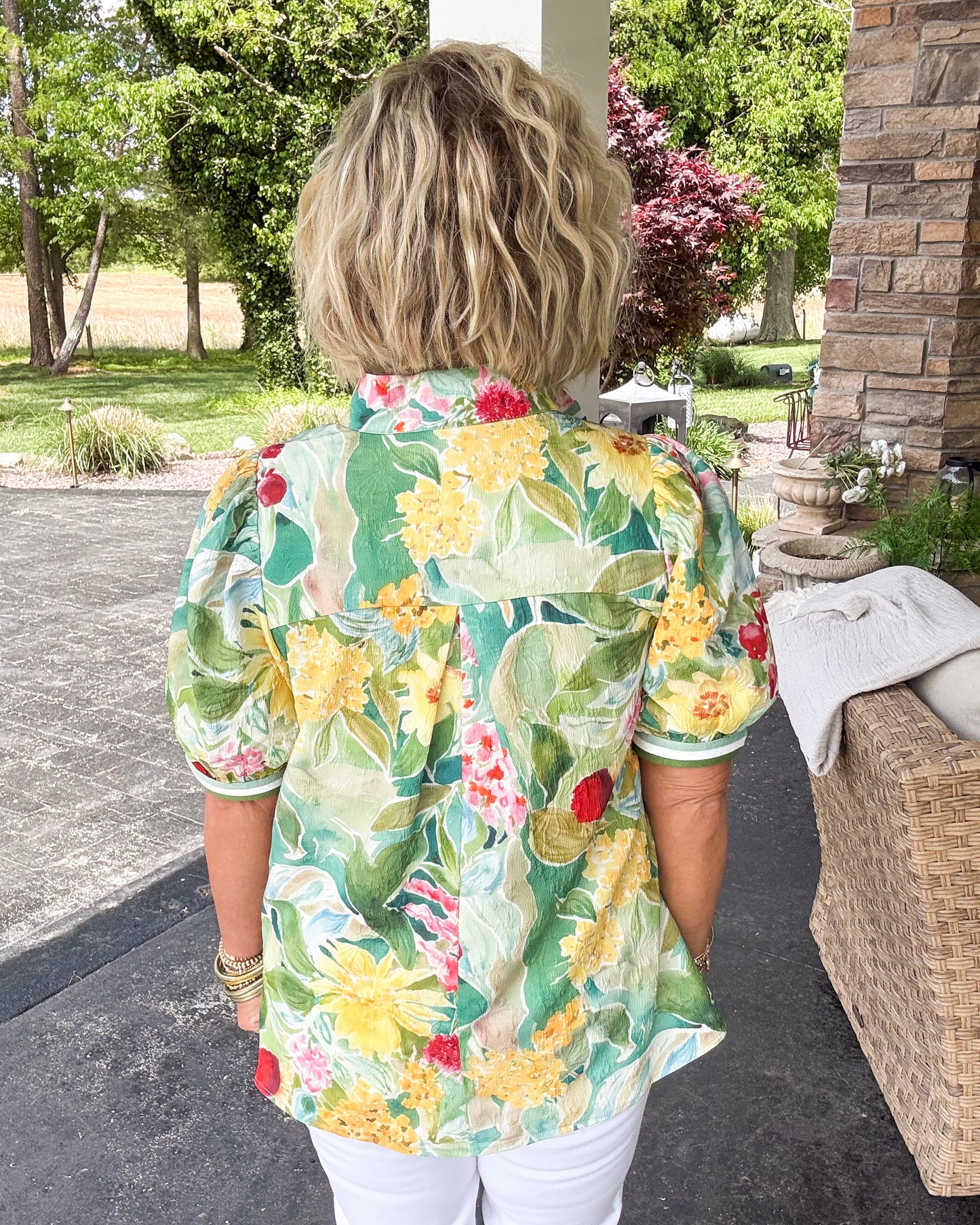 Painted Garden Floral Contrast Trim Top