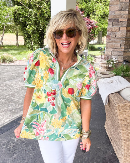 Painted Garden Floral Contrast Trim Top