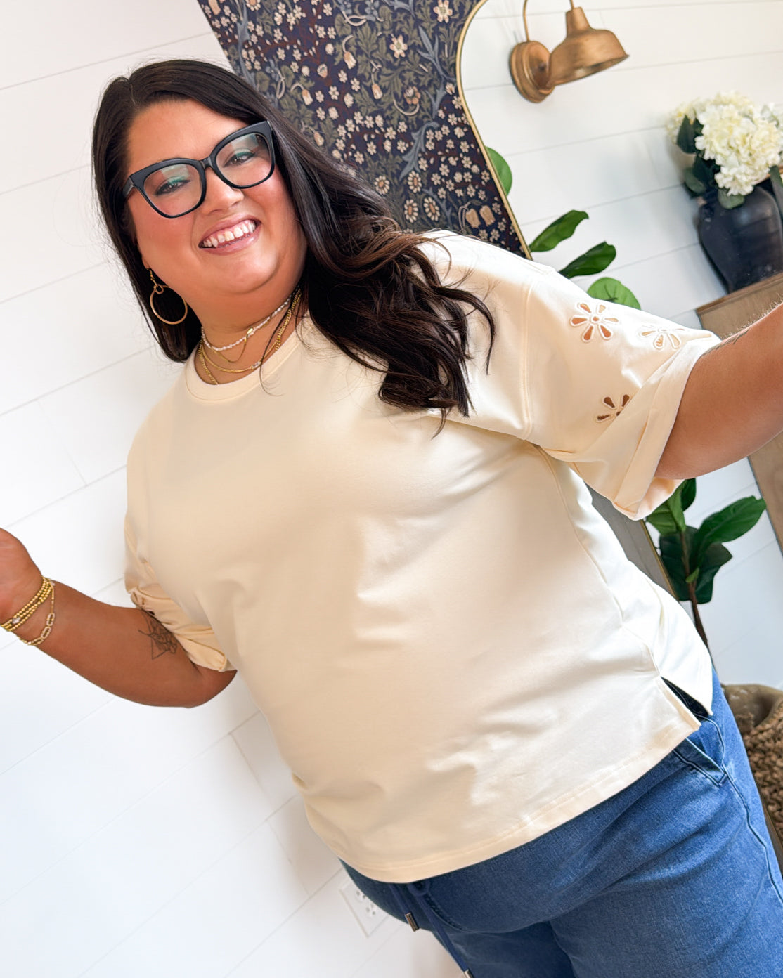 Sweet Harmony Floral Eyelet Sleeve Top
