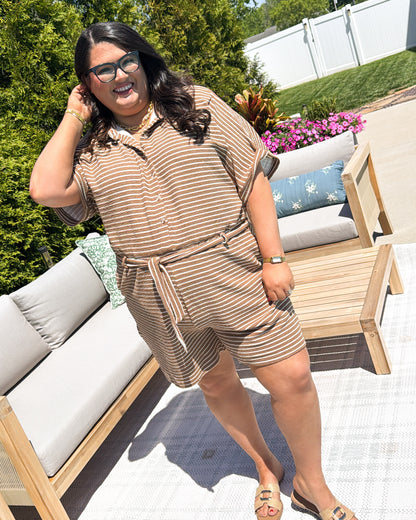 Off The Clock Striped Half Button Romper