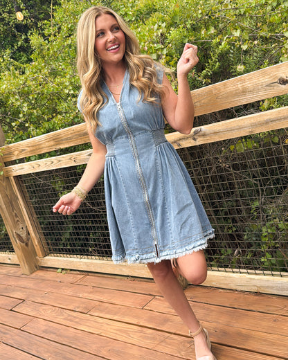 New York Minute Front Zip Denim Dress