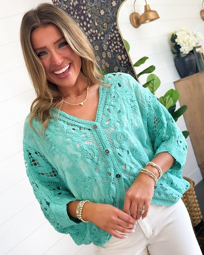 Open Your Mind Crocheted Button Up Cardigan