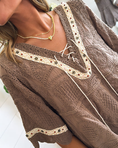 Paisley Power Embroidered Tassel Tie Top