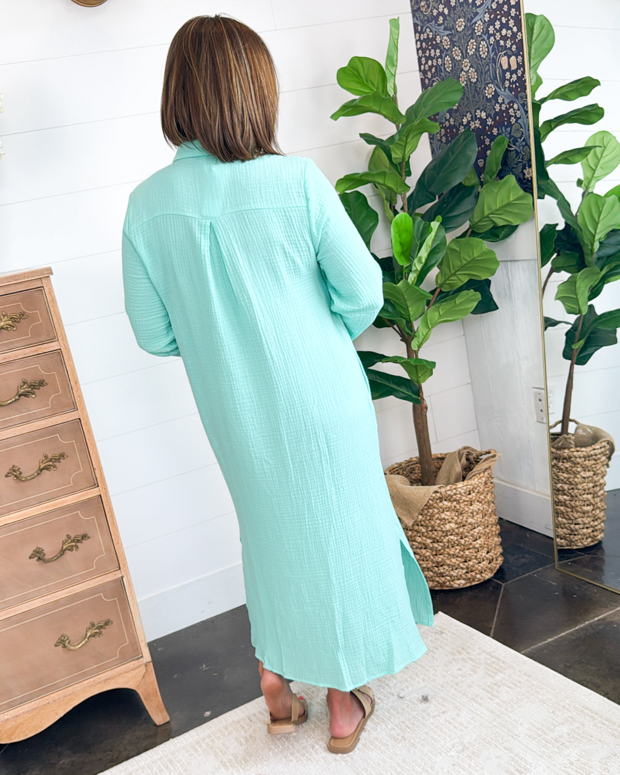 Le Evelyn Gauze Knit Tab Sleeve Duster Shirt Dress