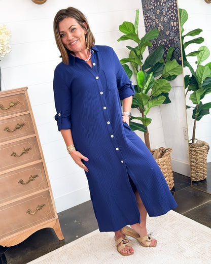 Le Evelyn Gauze Knit Tab Sleeve Duster Shirt Dress