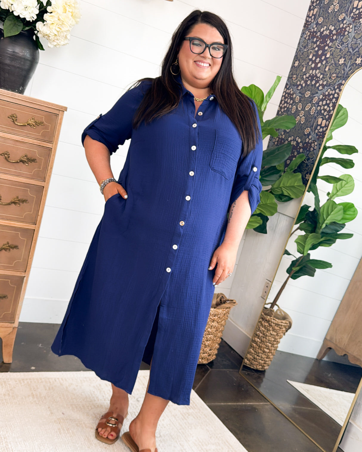 Le Evelyn Gauze Knit Tab Sleeve Duster Shirt Dress