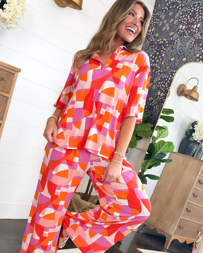 Ocean Tide Abstract Top + Pants Resort Wear Set
