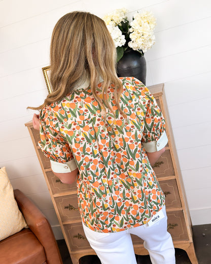 Poppy Fields Mixed Print Ruffle Neck Blouse
