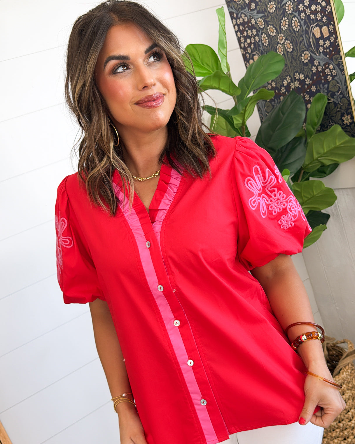 High Tea Embroidered Sleeve Contrast Trim Top