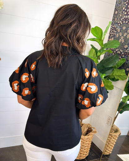 Pretty Wild Leopard Embroidered Sleeve Top