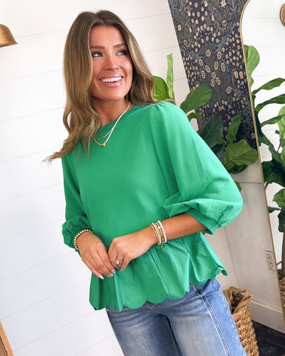 Charming Traveler Mixed Knit Scallop Peplum Top