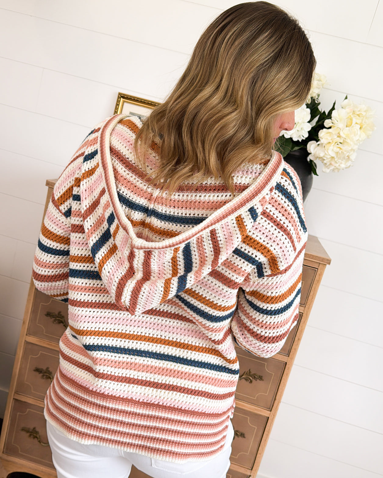 Two Scoops Striped Open Knit Hooded Sweater