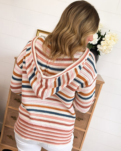 Two Scoops Striped Open Knit Hooded Sweater