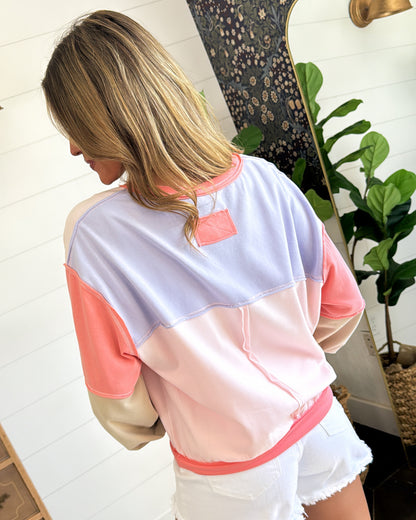Double Take Color Block Raw Seamed Pullover