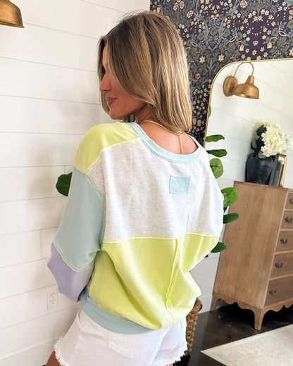 Double Take Color Block Raw Seamed Pullover