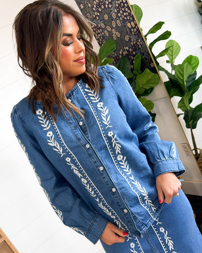 Vintage Bloom Floral Embroidered Denim Shirt