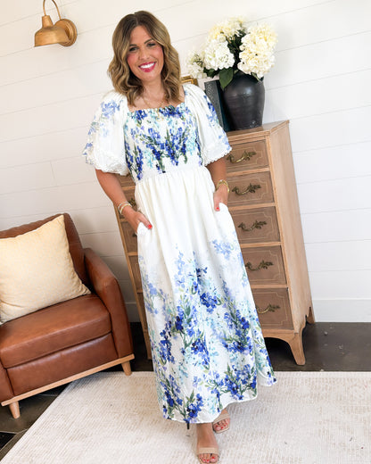 Watercolor Petals Floral Smocked Maxi Dress