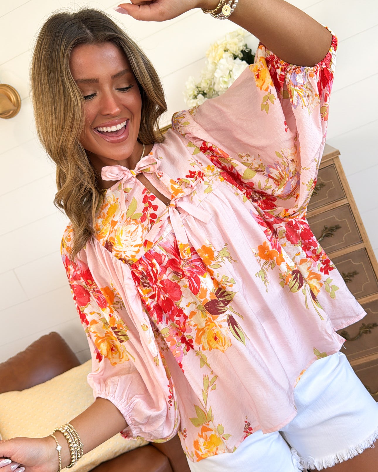 Boho Blooms Floral Tie Neck Blouse