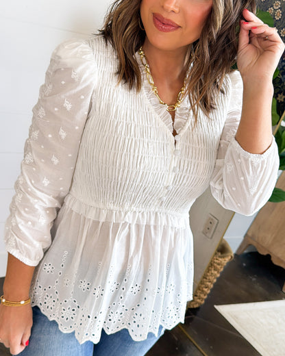 Summer Loving Smocked Eyelet Hem Blouse
