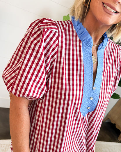 Love The View Gingham Contrast Trim Blouse