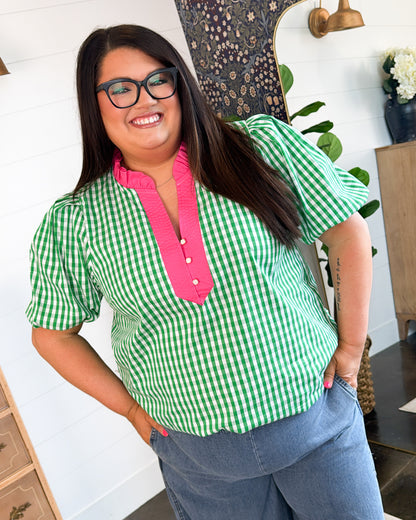 Love The View Gingham Contrast Trim Blouse
