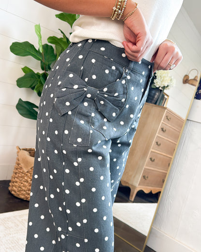 Vivienne High Rise Polka Dot Side Bow Twill Pants